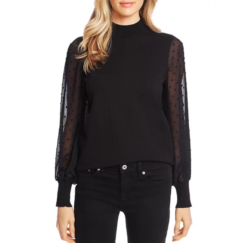 CECE Nordstrom Women's Black Mock Neck Clip Dot Long Sleeve Sweater Size S